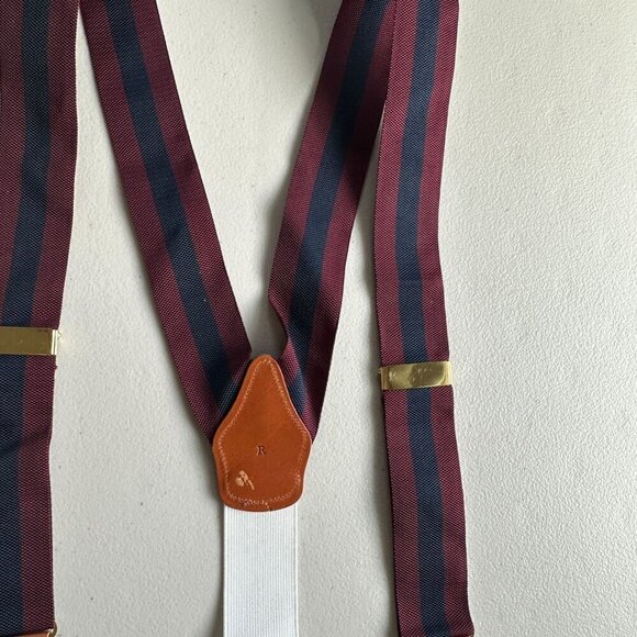 Brooks Brothers Maroon Navy Stripe Adjustable Suspenders Silk Leather England - Picture 3 of 9